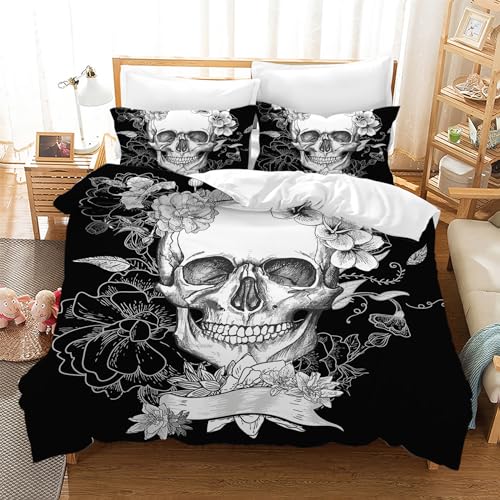 Leleyouzer 3D Totenkopf Bettwäsche Set,Totenkopf Muster Gotisch Bettbezug Für Teenager Erwachsene,Schädel Microfaser Bettwäsche mit Reißverschluss und 2 Kissenbezug 50x75cm (Schädel 5, 135×200 cm) von Leleyouzer