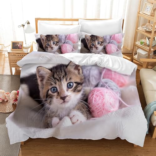 Leleyouzer Katze Bettwäsche Set,3D Bettwäsche Katzenmotiv für Mädchen Jungen Kinder, Weiche Mikrofaser Bettwäsche mit Reißverschluss + 2 Kissenbezüge 50 x 75cm (C2, 135×200 cm) von Leleyouzer