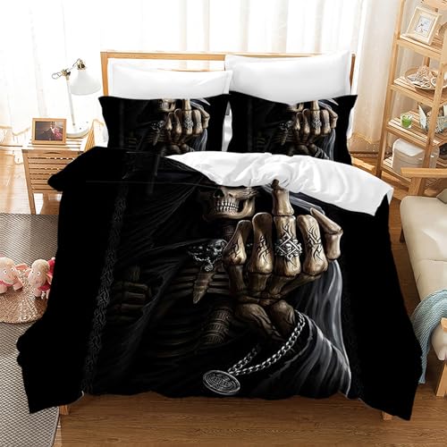 Leleyouzer Totenkopf Bettwäsche Set Für Teenager Erwachsene,3D Schädel Muster Bettbezug,Mikrofaser Gothic-Bettwäsche mit Reißverschluss und 2 Kissenbezug 50 x 75cm (Totenköpfe 2, 220×240 cm) von Leleyouzer