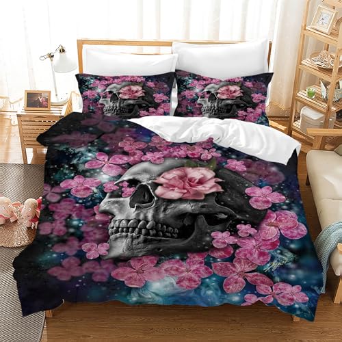 Leleyouzer Totenkopf Bettwäsche Set Für Teenager Erwachsene,3D Schädel Muster Bettbezug,Mikrofaser Gothic-Bettwäsche mit Reißverschluss und 2 Kissenbezug 50 x 75cm (Totenköpfe 3, 200×200 cm) von Leleyouzer