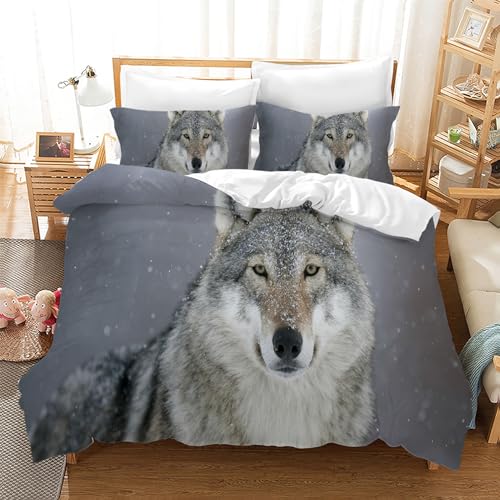 Leleyouzer Wolf Bettwäsche Set,3D Tiermuster Bettbezug für Jungen,1 Mikrofaser Bettbezug und 2 Kissenbezüge 50 x 75cm (Wolf 2, 135×200 cm) von Leleyouzer