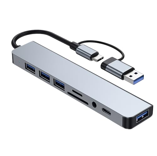 Leloco USB C Hub 8 in 1 USB Hub 3.0 Multiport Adapter mit TF/SD Kartenleser, 3.5mm Audio Anschlüsse, USB-A/C-3.0-Ports Kompatibel mit iPhone 16 Serie MacBook Air/Pro, Galaxy, iPad, Windows usw von Leloco