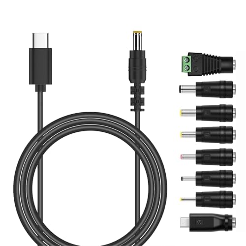 Leloco USB-C auf DC Stecker Kabel, 8 in 1 USB-C auf Universal Ladekab Netzkabel Stromkabel Adapterkabel mit 8 Stecker für Router, Rasierapparat, TV Box, Philips Hue Hub (1m, schwarz) von Leloco