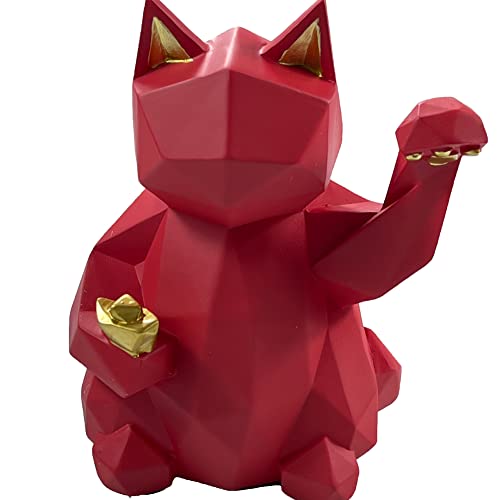 Lelukee New Lucky cat red Glückskatze Statue Feng Shui Maneki Neko Harz Geometrische Neuheit Dekoration Wohnzimmer Schlafzimmer Geschenk Desktop Statue Dekoration（13.5cmx9cmx17.5cm） von Lelukee