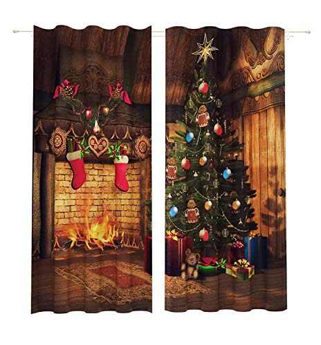 Lemare Weihnachtsvorhänge Digitaldruck | Weihnachtsbaum & Kamin mit Socken | Christbaum mit Weihnachtsschmuck | Weihnachtsvorhang Blickdicht | 2 STK. 145x260 cm von Lemare