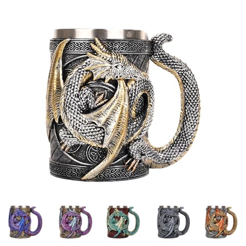 Drachen Bierkrug | 3D Mittelalterlicher Drachen Bierkrug Aus Edelstahl | 3D Wikinger Bierkrug Aus Metall | Sammelbare Wikinger Drachen Trinkbecher Für Drachen Liebhaber von Lembeauty