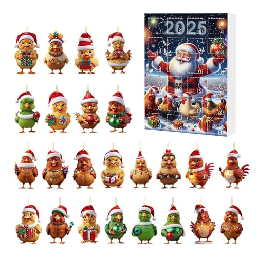 Hühner Adventskalender 2025, 24 Tage Weihnachts Countdown Kalender mit niedlichen Küken-Ornamenten, 2D Acryl Hühneranhänger zum Aufhängen für Weihnachtsbaum, Fensterdekoration von Lembeauty