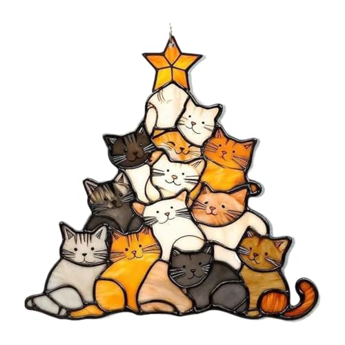 Katze Denkmal Sonnenfänger, Katze Glasmalerei Fenster Hängen, Katze Denkmal Weihnachtsschmuck, Acryl 2D Flach Gestapelt Katze Mit Stern Baum Topper Weihnachtsbaum Geformt Hängenden Ornament Katze Denkmal Sonnenfänger, Katze Glasmalerei Fenster Hängen, Katze Denkmal Weihnachtsschmuck, Acryl 2D Flach Gestapelt Katze Mit Stern Baum Topper Weihnachtsbaum Geformt Hängenden Ornament von Lembeauty