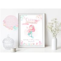 Geburtsanzeige Geburtsdaten Poster Personalisiert Geburt Geschenk Geburtsgeschenk Baby Mädchen Kunstdruck Mit Namen A4 A3 Rosa Meerjungfrau von LemmamiPapeterie