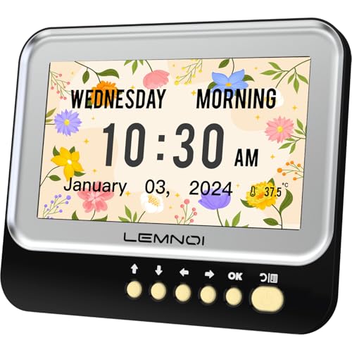Lemnoi 7 Zoll Digitaler Kalender,Seniorenuhr mit Datum und Wochentag,Wanduhr für Demenzkranke mit Temperatur,15 Wecker&Erinnerung an Medikamente (schwarz) von Lemnoi