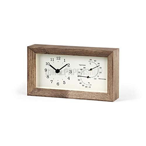 Lemnos Tischuhr Frame/Tischuhr Holz mit Thermometer & Hygrometer, aus Japan/kleine Uhr zum hinstellen/Tischuhr Vintage/Uhr ohne Tickgeräusche – Stehuhr Farbe Braun von Lemnos