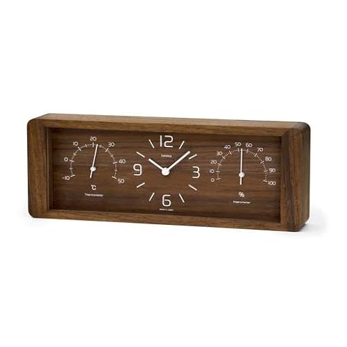 Lemnos Tischuhr Yokan/Tischuhr Holz mit Thermometer & Hygrometer, aus Japan/kleine Uhr zum hinstellen/Tischuhr Vintage/Uhr ohne Tickgeräusche – Stehuhr Farbe Braun von Lemnos