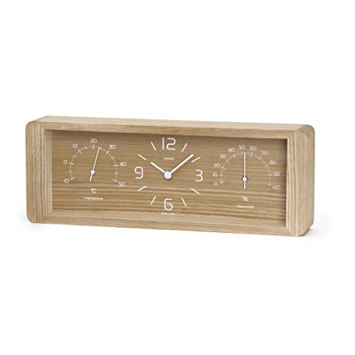 Lemnos Tischuhr Yokan/Tischuhr Holz mit Thermometer & Hygrometer, aus Japan/kleine Uhr zum hinstellen/Tischuhr Vintage/Uhr ohne Tickgeräusche – Stehuhr Farbe Natur von Lemnos