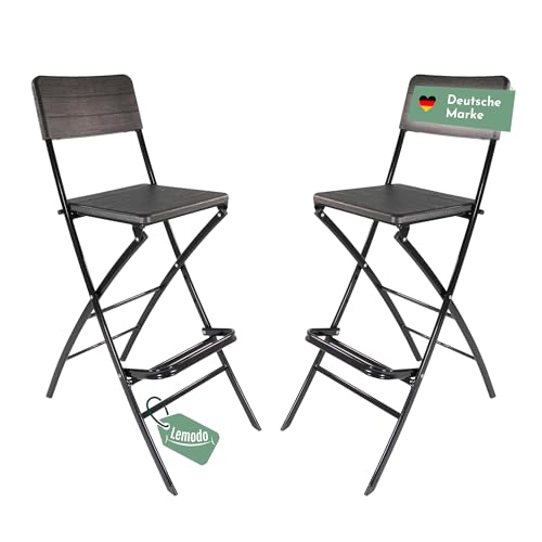 LEMODO Barhocker 2er Set, Holz-Optik schwarz, Klappbarer Barstuhl mit Fußstütze, Küchenhocker bis 120 kg belastbar, Bar Hocker mit Lehne und Sitzfläche aus Kunststoff, stabiler Barstuhl und Messestuhl von Lemodo
