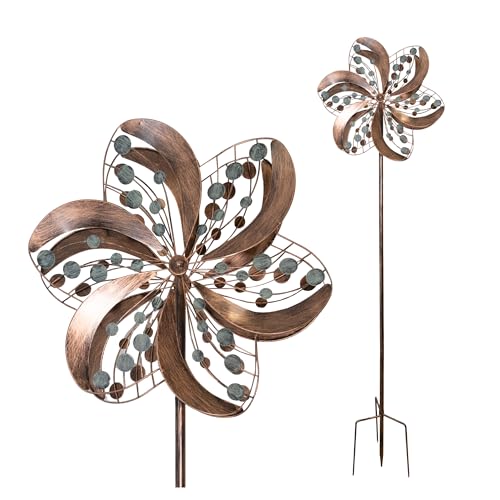 LEMODO Garten Windspiel “Blossom” mit 2 gegenläufigen Rotoren, Windrad aus Metall, Gartendeko in 3 Höhen aufbaubar, Gartenstecker mit 213 cm Höhe, Windmühle in Kupferoptik, Windskulptur mit Charme von Lemodo