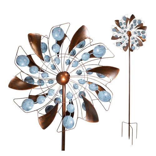 LEMODO Windrad Fancy mit gegenläufigen Rotoren | Gartendeko in 2 Höhen aufbaubar | Gartenstecker mit 213 cm Höhe | Windmühle in Kupferoptik | Windskulptur mit Charme von Lemodo