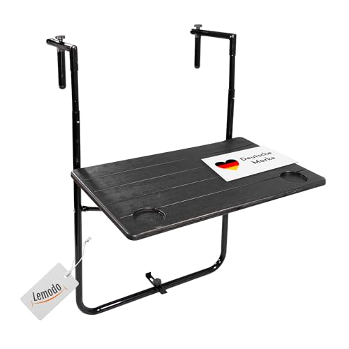 Lemodo Balkonhängetisch klappbar, 3-Fach höhenverstellbarer Balkontisch hängend, Klapptisch für Balkongeländer, wetterfest, Tischfläche 60 x 35 cm in Holzoptik, Hängetisch in schwarz von Lemodo