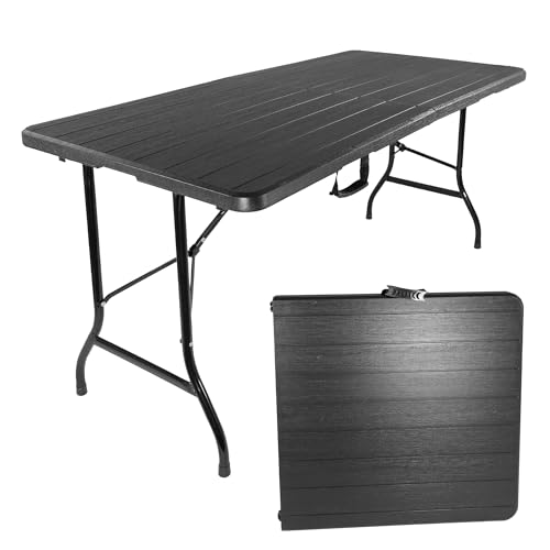 Lemodo Klapptisch in Holzoptik, Balkontisch 152 x 74 cm (L x B), Koffertisch mit Tischplatte aus Kunststoff, Beistelltisch bis zu 100 kg belastbar, Gartentisch in schwarz, robuster Plastiktisch von Lemodo