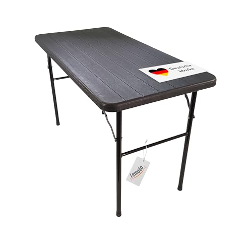 Lemodo Klapptisch mit Tischplatte in Holzoptik, Balkontisch klappbar 120 x 60 cm (L x B), Gartentisch wetterfest, Plastiktisch in schwarz, Balkon Tisch für bis zu 6 Personen von Lemodo