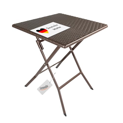 Lemodo Klapptisch mit Tischplatte in brauner Rattan-Optik, Balkontisch 62 x 62 cm (L x B) | Beistelltisch bis zu 40 kg belastbar, Gartentisch, robuster Plastiktisch von Lemodo