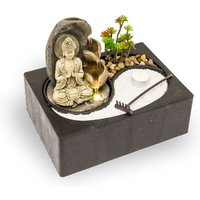 Zimmerbrunnen mit LED-Beleuchtung und Buddha, Feng Shui Dekobrunnen mit kleinem ZEN Garten von Lemodo