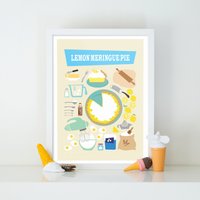 Lemon Baiser Pie Print, Vintage Küche Rezept Poster, Geschenk Für Feinschmecker, Bäckerei Wand Dekor Illustration, Muttertagsgeschenk, Cottage Yellow von LemonAndCello