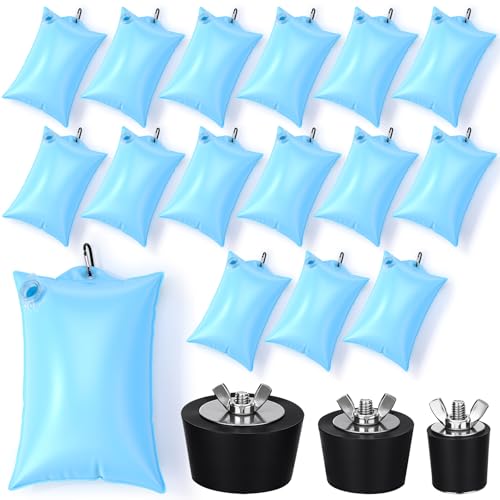 LemonRoad 19-teiliges Poolzubehör-Set beinhaltet 16 Stück Poolabdeckungsgewichte mit Haken, 3 Stück Winter-Gummi-Dehnungsstopfen, dicke PVC-Wasserbeutel für den Außenbereich von LemonRoad