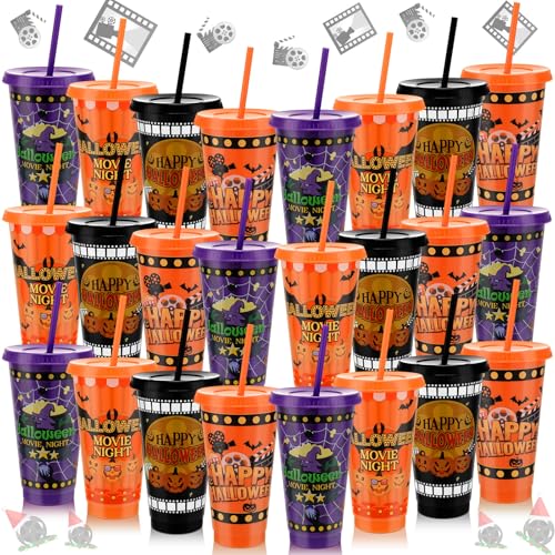 LemonRoad 24 Stück Halloween-Filmabend, Partyzubehör, Halloween-Party, Themenbecher, 680 ml, wiederverwendbare Kunststoffbecher mit Deckel und Strohhalmen – Urlaubsdekorationen, Gastgeschenke für von LemonRoad