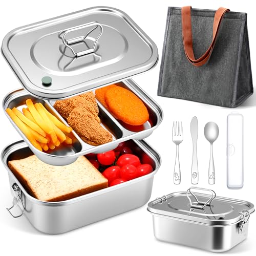 LemonRoad 304 Edelstahl Bento Box mit Lunchtasche Edelstahl Metall Lunchbox mit Utensilien-Set Deckel für Erwachsene 3-Fach Tablett Lebensmittelbehälter für Reisen Büro LemonRoad 304 Edelstahl Bento Box mit Lunchtasche Edelstahl Metall Lunchbox mit Utensilien-Set Deckel für Erwachsene 3-Fach Tablett Lebensmittelbehälter für Reisen Büro von LemonRoad