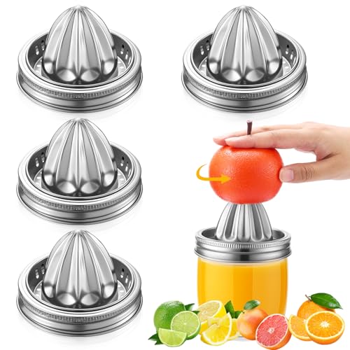 LemonRoad 4 Stück Edelstahl Einmachglas Entsafter Deckel Manuelle Entsafter Squeezer für 8,5 cm breite Öffnung Einmachglas Zitrusreibahle für Zitronen, Limetten, Orangen, Entsaftzubehör von LemonRoad