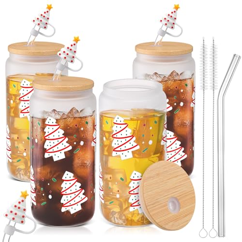LemonRoad 4 Stück Weihnachtsbaum-Eiskaffeetassen, niedliches Weihnachtsglas, Geschenk, 530 ml, Weihnachtsbaum-Glas mit Deckel, Strohhalm, Kuchen, rot, wiederverwendbar, Weihnachts-Kaffeetasse für von LemonRoad