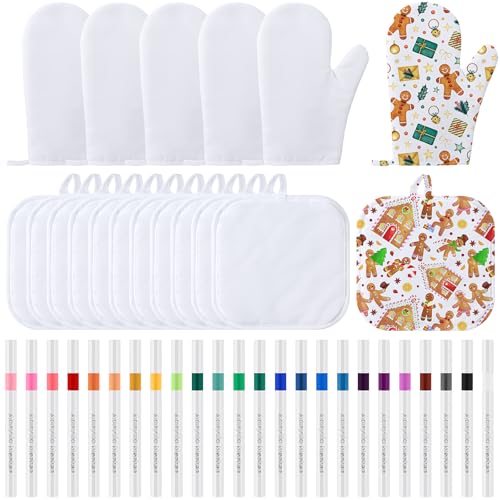 LemonRoad 42-teiliges Blanko-Sublimations-Ofenhandschuh-Set beinhaltet 6 hitzebeständige Ofenhandschuhe, 12 weiße Topflappen, 24 farbige Markerstifte für Küche, Kochen, Backen, DIY-Aktivitäten von LemonRoad