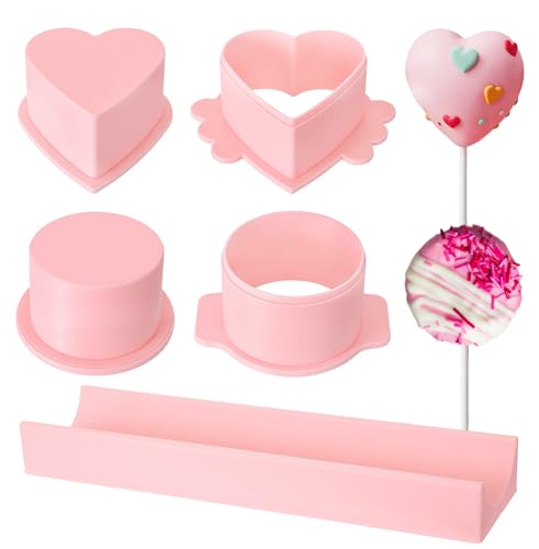 LemonRoad 5-teiliges Kreis- und Herz-Cake-Pop-Formen-Set mit 22,9 cm Tablett, einfache Kuchen-Pop-Kreismacher, Pla-Backwerkzeug-Set, Backformen für Geburtstage, Hochzeiten, Desserts (Rosa) von LemonRoad