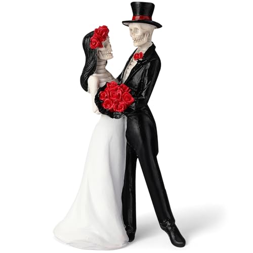 LemonRoad Day-of-The-Dead Paar Skelett Dekor Braut und Bräutigam Skelett Dia De Los Muertos Figuren Tag der Toten Dekorationen Halloween Gothic Hochzeit Kuchen Topper Dekor (Rote Rose) von LemonRoad
