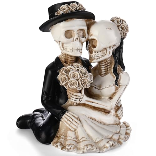 LemonRoad Day-of-The-Dead Paar Skelett Dekor Braut und Bräutigam Skelett Dia De Los Muertos Figuren Tag der Toten Dekorationen Halloween Gothic Hochzeit Kuchen Topper Dekoration (sitzend) von LemonRoad
