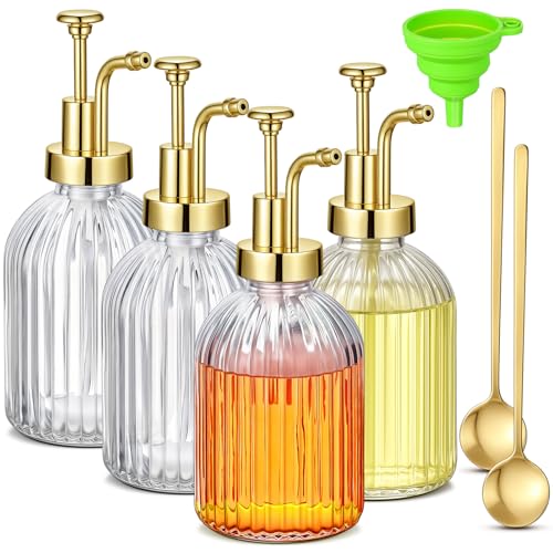LemonRoad Kaffeesirupspender für Kaffeebar, 284 ml, Glas-Sirup-Pumpspender mit Goldpumpe, Goldschaufel und Trichter für Barzubehör, 4 Stück von LemonRoad