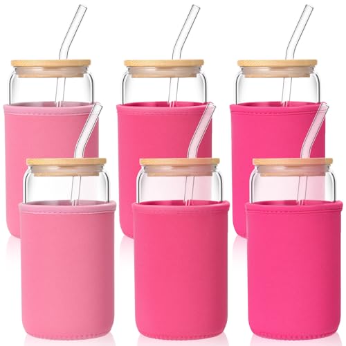 LemonRoad Wiederverwendbare Glas-Kaffee-Hüllen für kalte Getränke, Neopren, Bogenhalter für die meisten Eiskaffee, passend für 473 ml Glas, Rosa, 6 Stück von LemonRoad