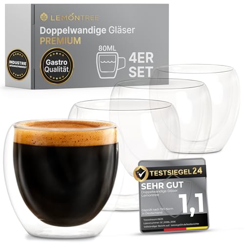 Lemontree 4er Set Espressotassen 80ml - Gastronomie Qualität - 180 Grad spülmaschinenfest und hitzebeständig - doppelwandige Gläser aus Borosilikatglas - Espresso Gläser modern Lemontree 4er Set Espressotassen 80ml - Gastronomie Qualität - 180 Grad spülmaschinenfest und hitzebeständig - doppelwandige Gläser aus Borosilikatglas - Espresso Gläser modern von Lemontree