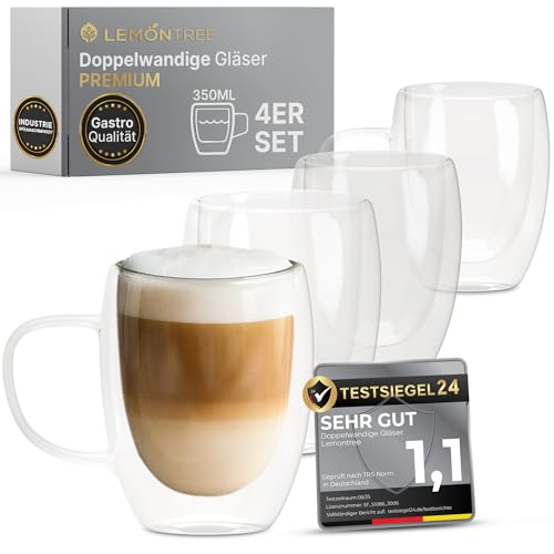 Lemontree 4er Set Latte Macchiato Gläser 350ml - 180 Grad spülmaschinenfest und hitzebeständig - Gastronomie Qualität - doppelwandige Kaffeegläser mit Henkel für Cappuccino Latte Macchiato Lemontree 4er Set Latte Macchiato Gläser 350ml - 180 Grad spülmaschinenfest und hitzebeständig - Gastronomie Qualität - doppelwandige Kaffeegläser mit Henkel für Cappuccino Latte Macchiato von Lemontree