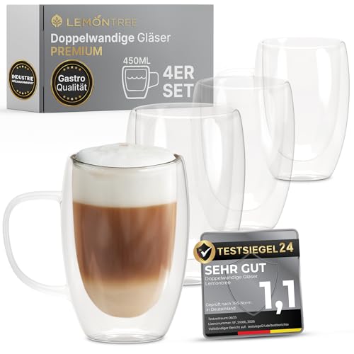 Lemontree 4er Set Latte Macchiato Gläser 450ml - 180 Grad spülmaschinenfest und hitzebeständig - Gastronomie Qualität - doppelwandige Gläser mit Henkel aus Borosilikatglas für Eiskaffee Matcha Kaffee Lemontree 4er Set Latte Macchiato Gläser 450ml - 180 Grad spülmaschinenfest und hitzebeständig - Gastronomie Qualität - doppelwandige Gläser mit Henkel aus Borosilikatglas für Eiskaffee Matcha Kaffee von Lemontree