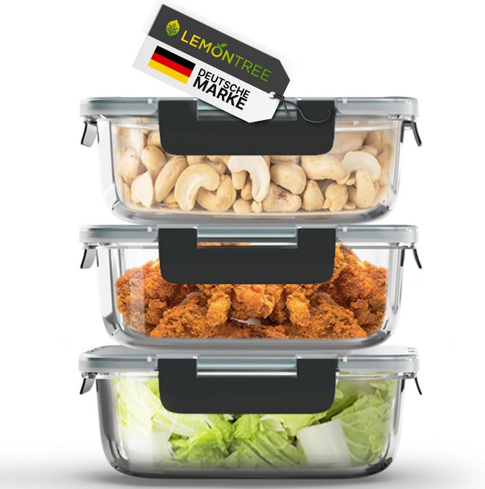 Lemontree Vorratsdose mit Deckel Luftdicht - Meal Prep Boxen Glas - Mikrowellengeeignet, (Vorratsdosen-Set (3-teilig, groß je 1040 ml), Meal Prep Boxen 3er Set - 1040ml - auch als 5er & 10er Set erhältlich), Luftdicht, auslaufsicher, stapelbar, mikrowellen-, ofen- & gefrierfest von Lemontree