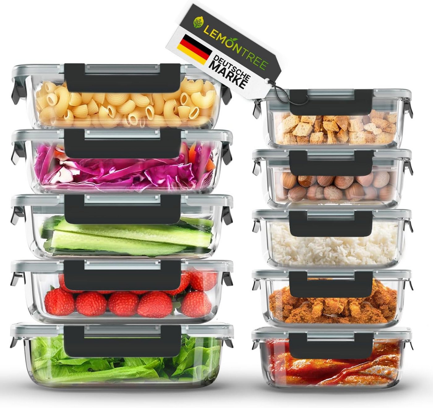 Lemontree Vorratsdose mit Deckel Luftdicht - Meal Prep Boxen Glas - Mikrowellengeeignet, (Vorratsdosen-Set (3-teilig, groß je 1040 ml), Meal Prep Boxen 3er Set - 1040ml - auch als 5er & 10er Set erhältlich), Luftdicht, auslaufsicher, stapelbar, mikrowellen-, ofen- & gefrierfest von Lemontree