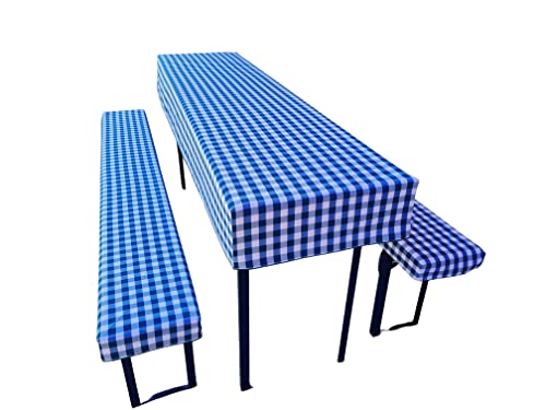 Bierzeltgarnitur Auflage (3er Set) aus 1x Tischdecke und 2X Bierbankhussen. Größe und Farben wählbar. (110 x 60 cm, Blau kariert) von Lemos Home