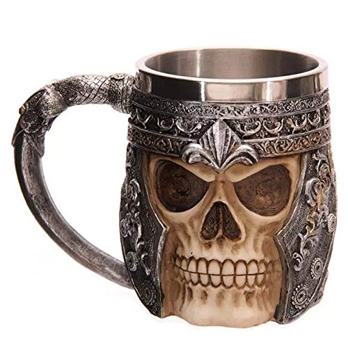 Lempefe Totenkopf Bierbecher Edelstahl Totenkopf Schädel Tasse Viking Warrior Tankard Mittelalterliche Tasse für Kaffee / Getränk / Saft (Einer Becher) von Lempefe