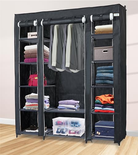 Lendo Online Kleiderschrank - Stoffschrank mit Kleiderstange & Ablagen - Faltschrank für Schlafzimmer, Ankleidezimmer, Garderobeschrank - Schwarz oder Grau (Schwarz, 145x44x170cm) von Lendo Online