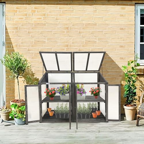 Lendo Online Gewächshaus - Frühbeet aus Holz - Greenhouse - Treibhaus - Frühbeetkasten mit Doppeltür - Pflanzenhaus - Aufzuchtschrank Fichtenholz Kiefernholz mit PC-Platten (Grau mit Doppeltür) von Lendo Online