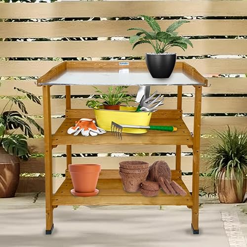 Lendo Online Pflanztisch mit verzinkter Arbeitsplatte - 76x37x92 cm aus Fichtenholz - 6 Edelstahl Haken - Für Garten Balkon - Gartentisch - Planzregal (Braun) von Lendo Online