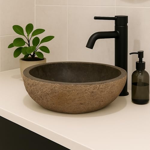Lendo Online Waschbecken oval Flussstein - Naturstein - Waschtisch für Badezimmer - Aufsatzwaschbecken - Handwaschbecken - Grau (Rostfarben, 30-35x25-30cm) von Lendo Online