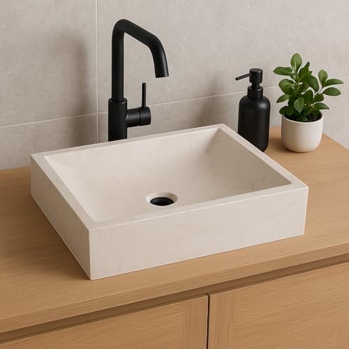 Lendo Online Waschbecken rechteckig 45x30x15 cm Marmor - Naturstein - Waschtisch für Badezimmer - Aufsatzwaschbecken - Handwaschbecken - Solide (Creme) von Lendo Online