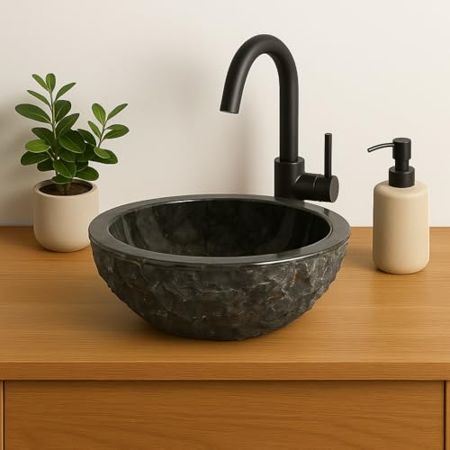 Lendo Online Waschbecken rund 40x40x15 cm Marmor - Naturstein - Flussstein - Waschtisch für Badezimmer - Aufsatzwaschbecken - Handwaschbecken (Grau) von Lendo Online